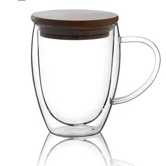 Double walled glass coffee mugs with bamboo lid - Picture 4 of 11